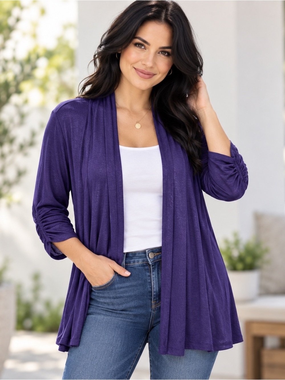 Premise Studio Women's Large Purple Modal Open Front Cardigan Ruched 3/4 Sleeve